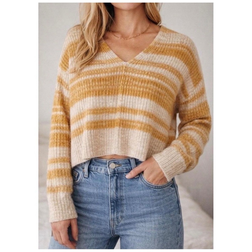 Madewell Striped V-Neck Sweater XL Mustard Yellow Cream Knit Pullover
